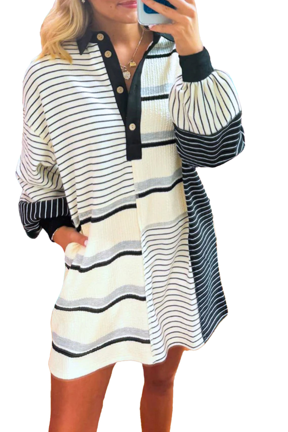 Black Stripe Colorblock Long Sleeve Collar Half Buttons Mini Dress - The Fair Lady Shop