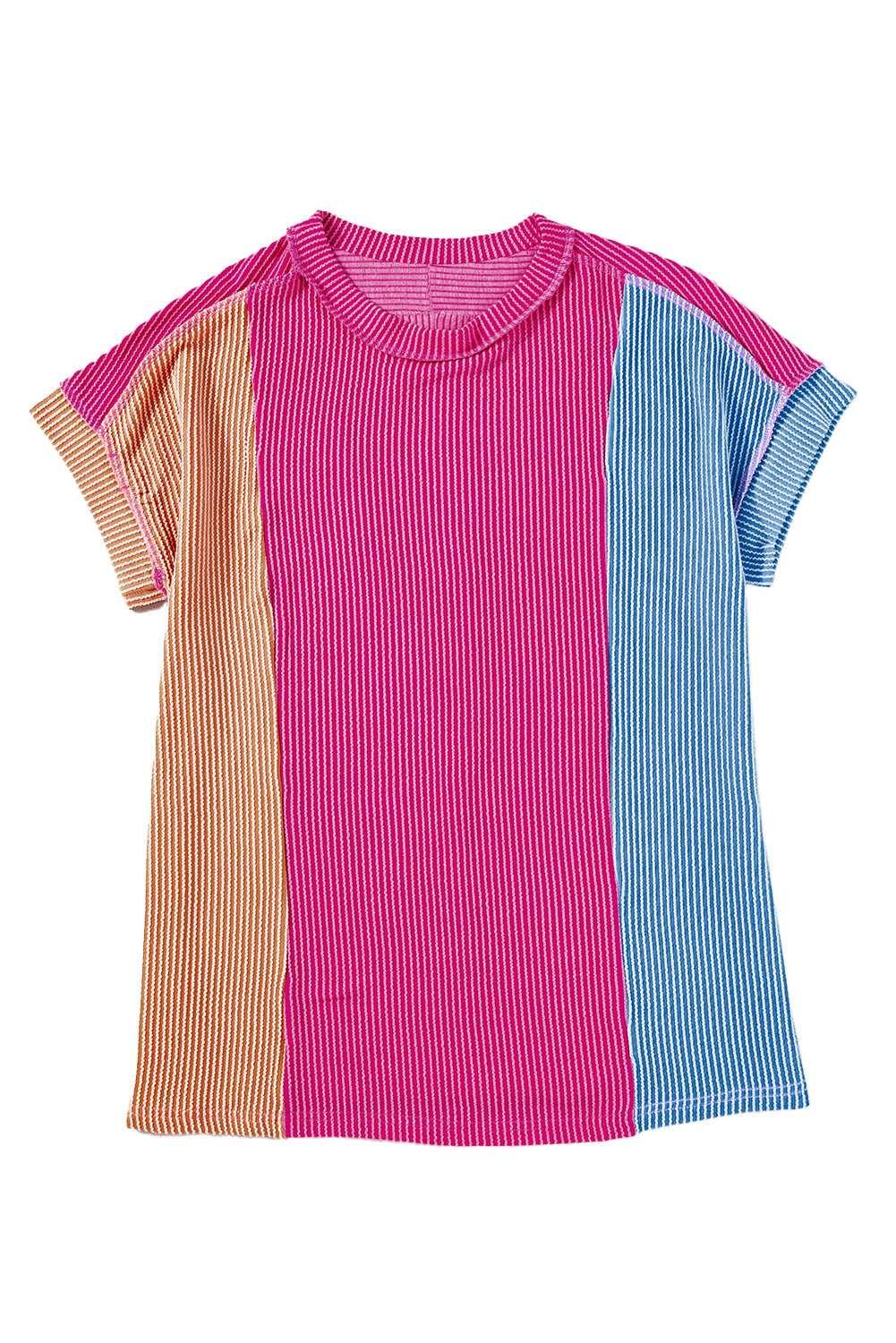 Apricot Pink Colorblock Ribbed Round Neck T Shirt - The Fair Lady Shop