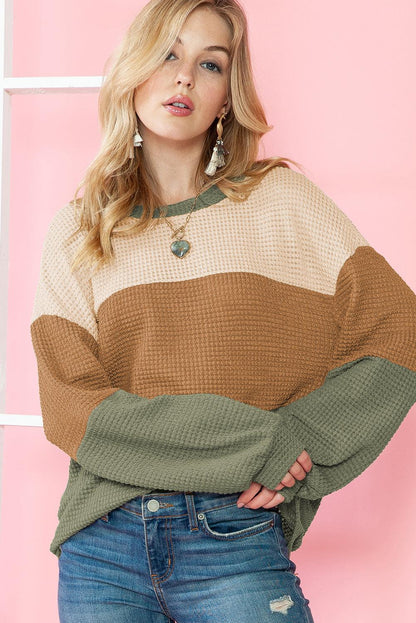 Green Waffle Knit Color Block Drop Sleeve Loose Top - The Fair Lady Shop