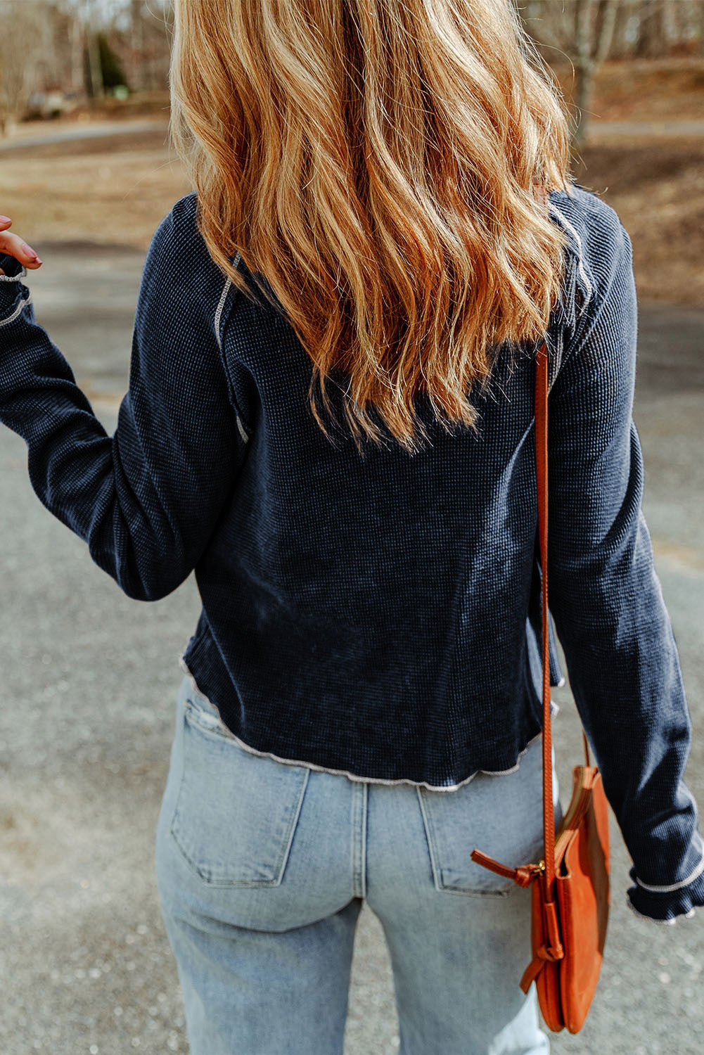 Blue Exposed Seam Textured Pullover Long Sleeve Top - The Fair Lady Shop