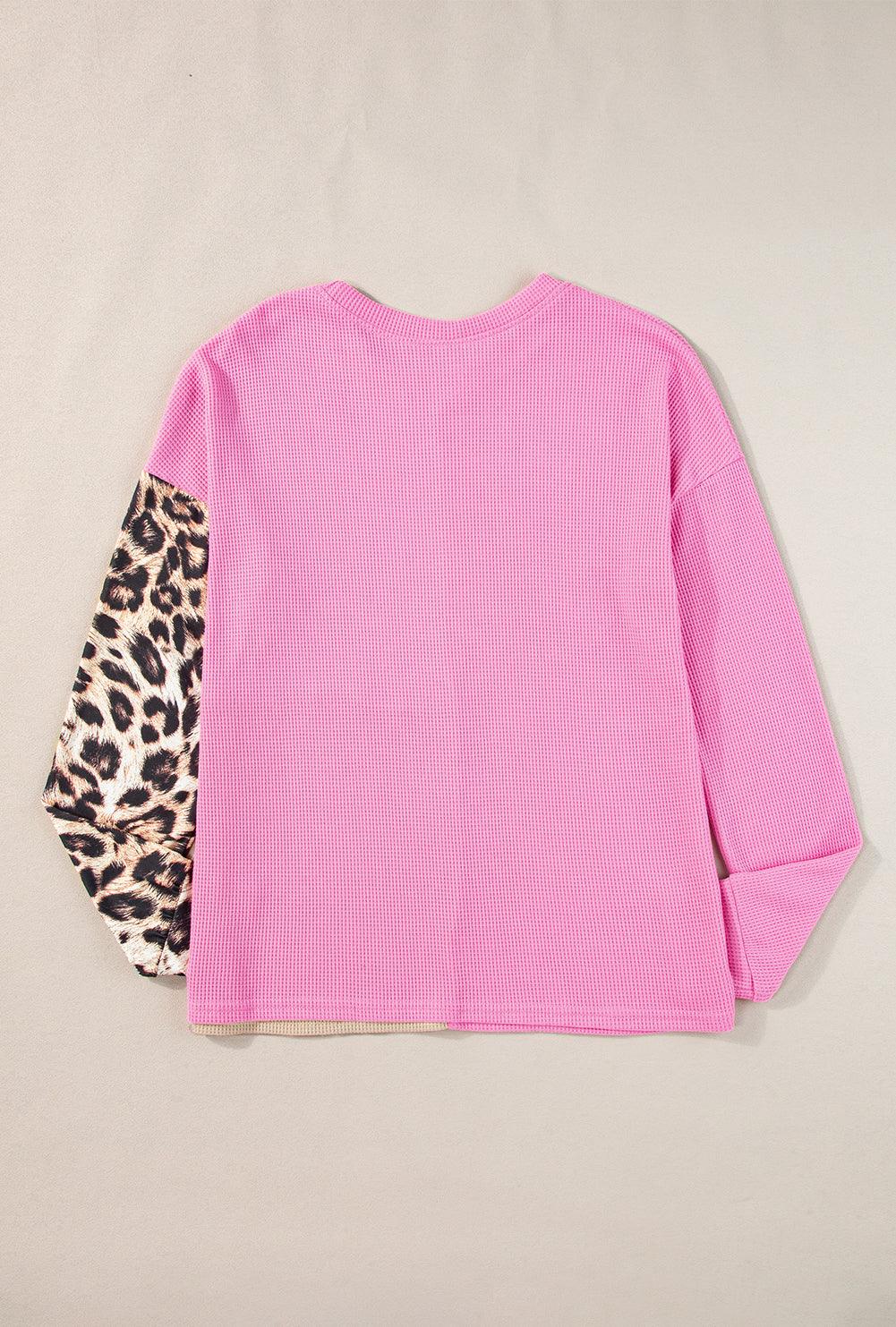 Bonbon Casual Waffle Knit Leopard Contrast Long Sleeve Top - The Fair Lady Shop