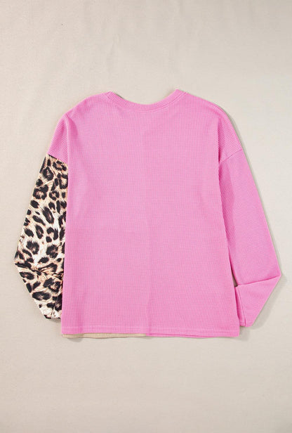 Bonbon Casual Waffle Knit Leopard Contrast Long Sleeve Top - The Fair Lady Shop