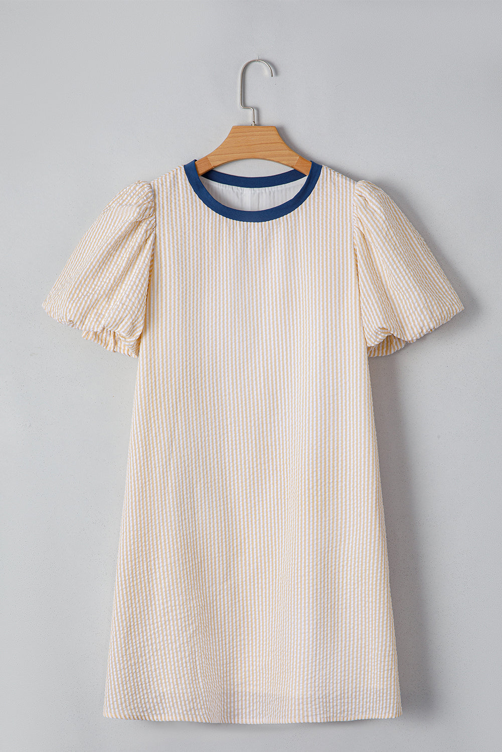 Beige Striped Print Puff Sleeve Textured Mini Dress - The Fair Lady Shop