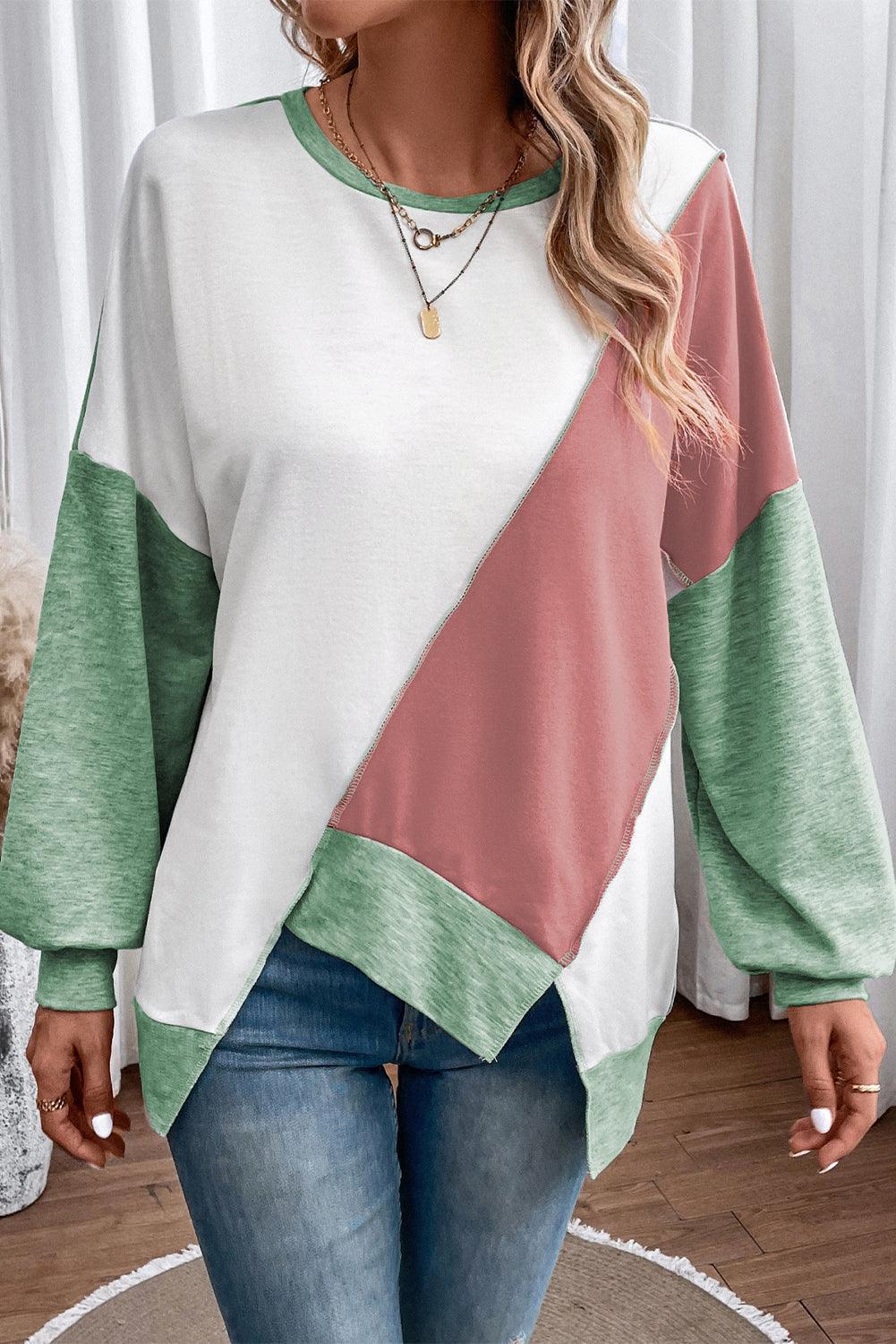 Pink Colorblock Stitching Irregular Hem Long Sleeve Top - The Fair Lady Shop