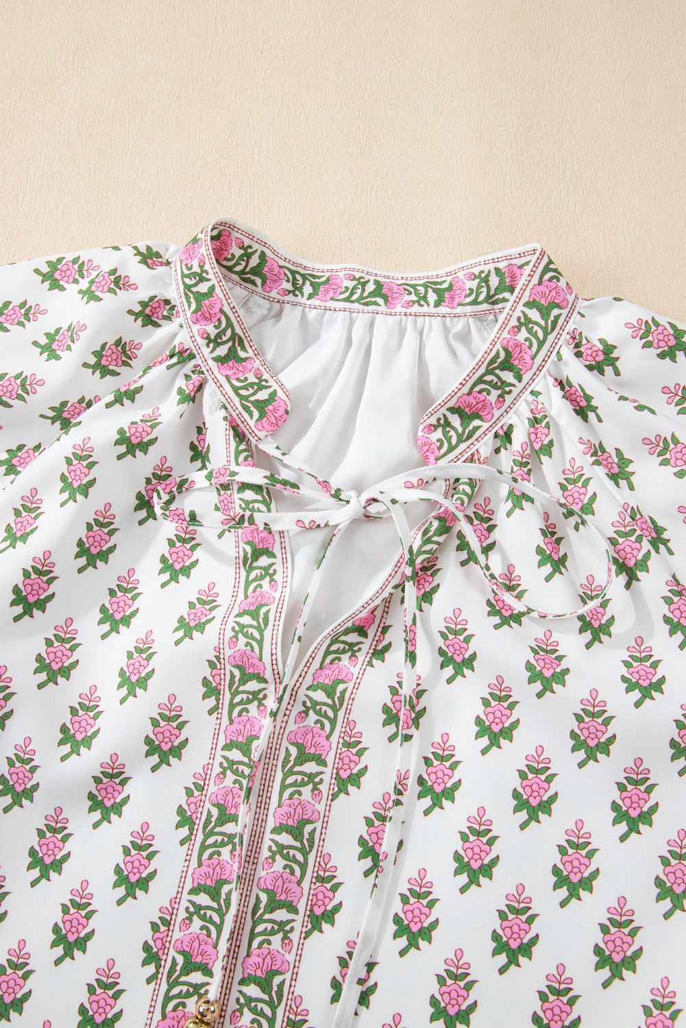 Pink Floral Print Drawstring V Neck Bishop Sleeve Boho Dress - The Fair Lady Shop