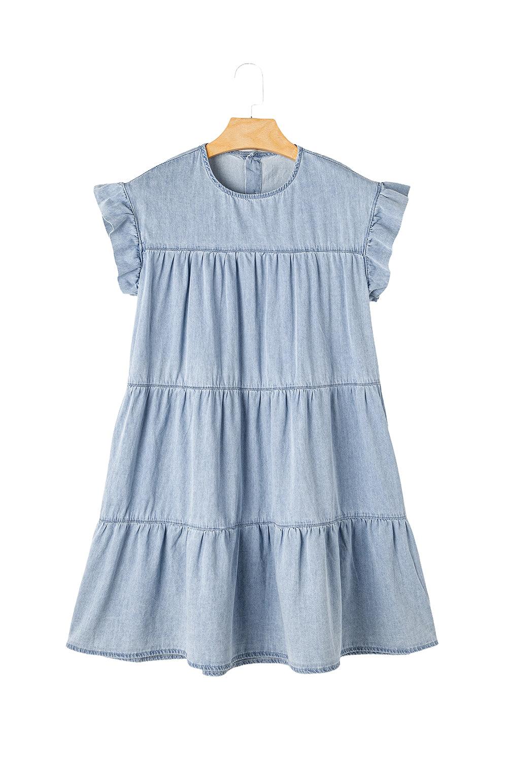 Beau Blue Ruffle Short Sleeve Tiered A-line Denim Dress - The Fair Lady Shop