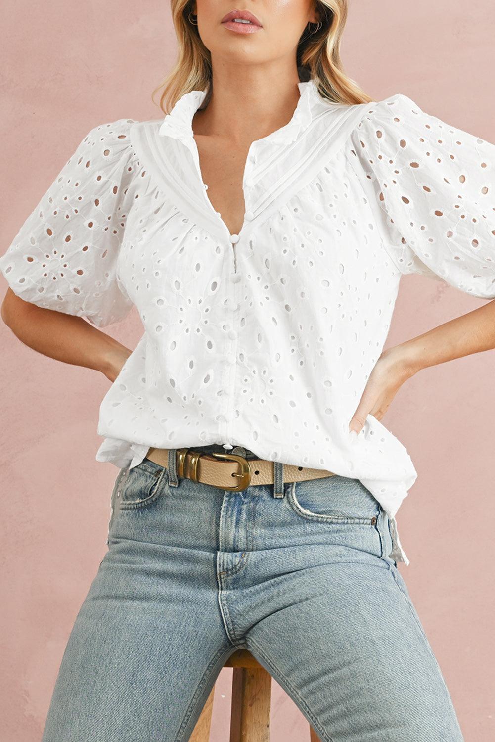 Bonbon Hollow-out Flower Embroidered Short Puff Sleeve Blouse - The Fair Lady Shop