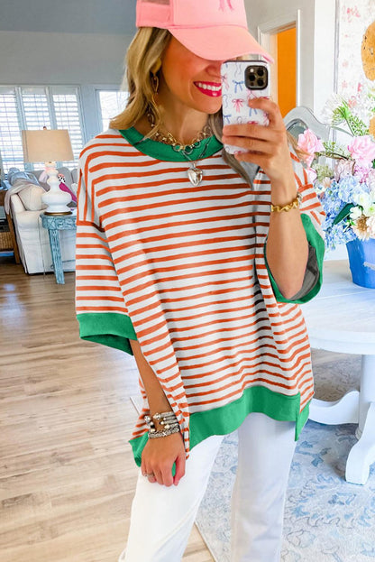 Pink Stripe Colorblock Drop Sleeve Oversized T Shirt - The Fair Lady Shop