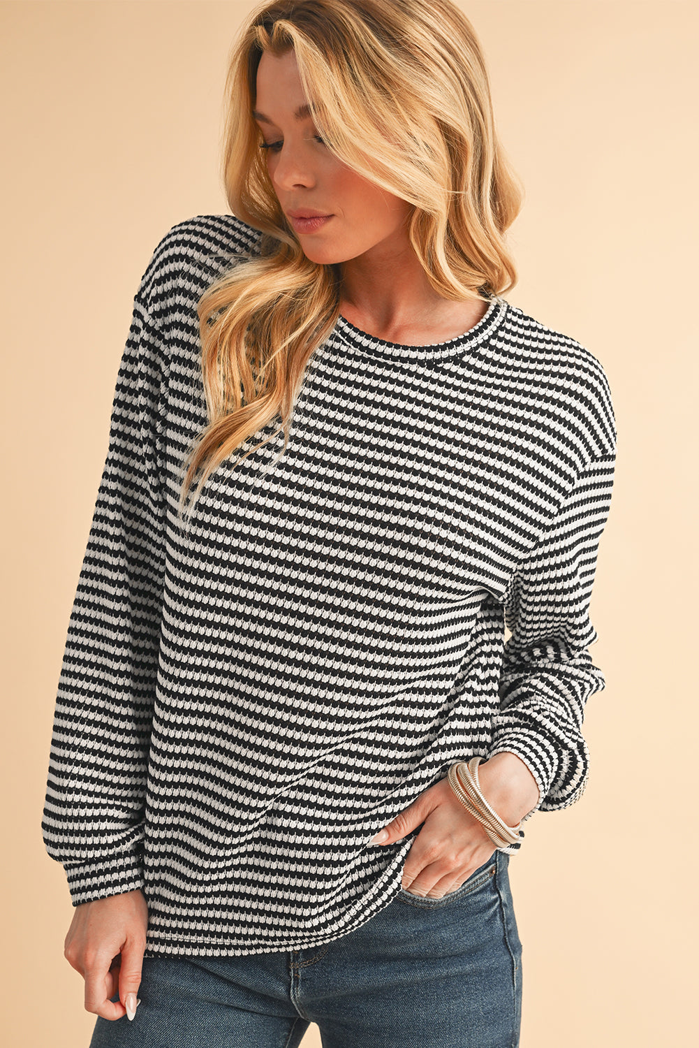 Black Striped Round Neck Drop Shoulder Long Sleeve Top - The Fair Lady Shop