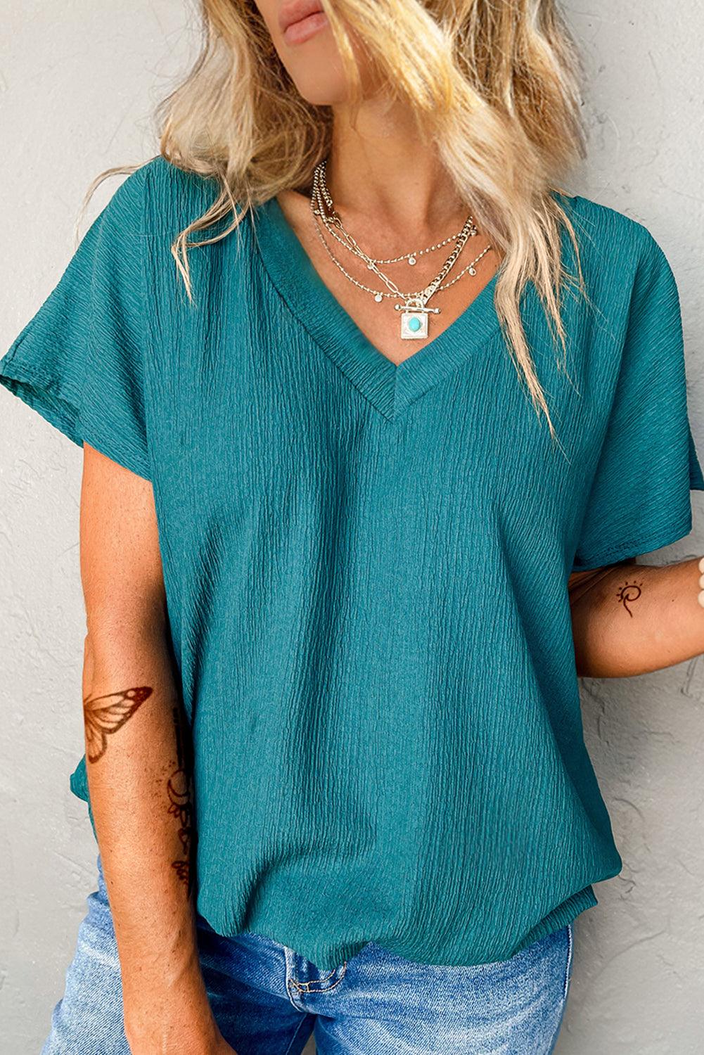 Blue Plain Crinkled V Neck Flounce Sleeve T Shirt - The Fair Lady Shop