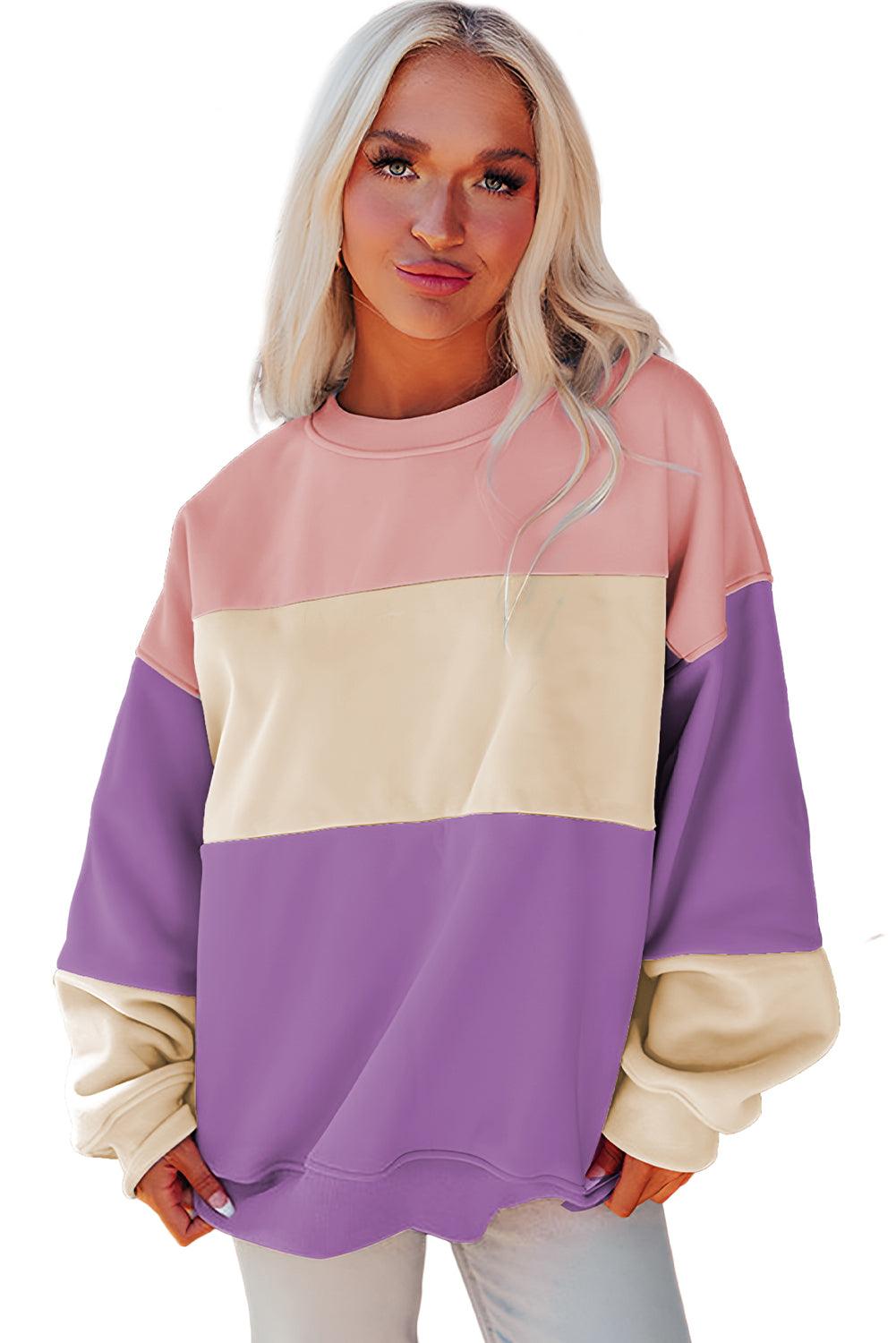 Meadow Mauve Colorblock Patchwork Drop Shoulder Sweatshirt - The Fair Lady Shop