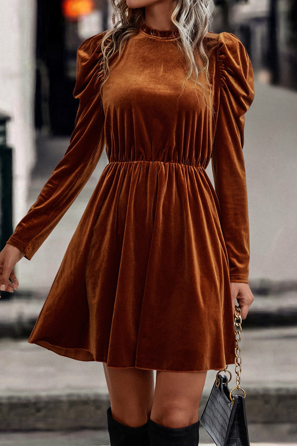 Chestnut Velvet Frilled Neck Gigot Sleeve Swing Dress - The Fair Lady Shop