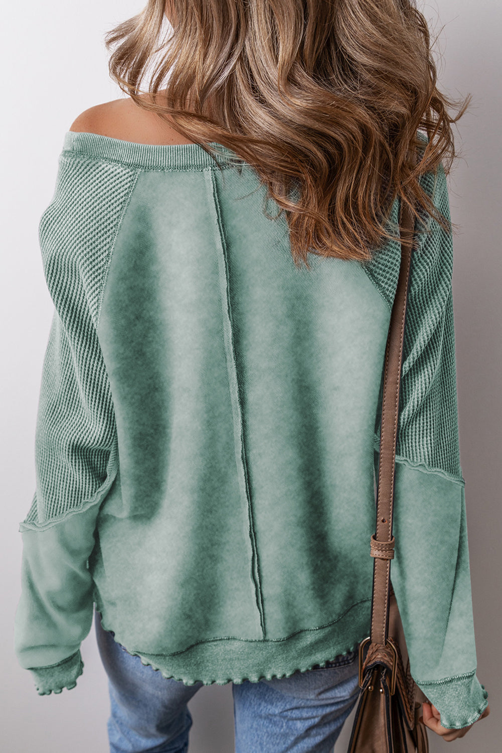 Mineral Blue Waffle Patchwork Raglan Sleeve Exposed Seam Sweatshirt - The Fair Lady Shop