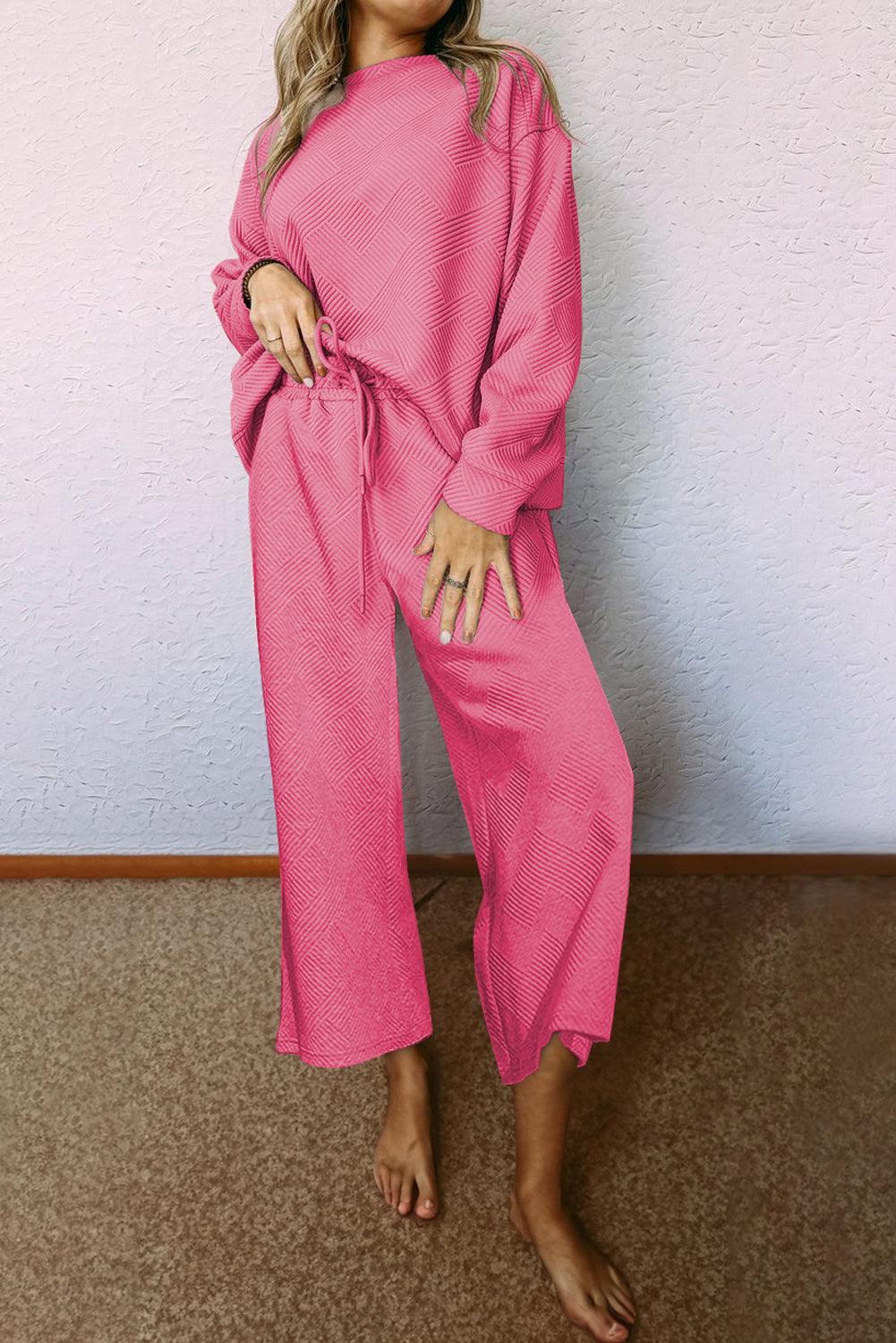 Dark Brown Textured Loose Slouchy Long Sleeve Top and Pants Set - The Fair Lady Shop