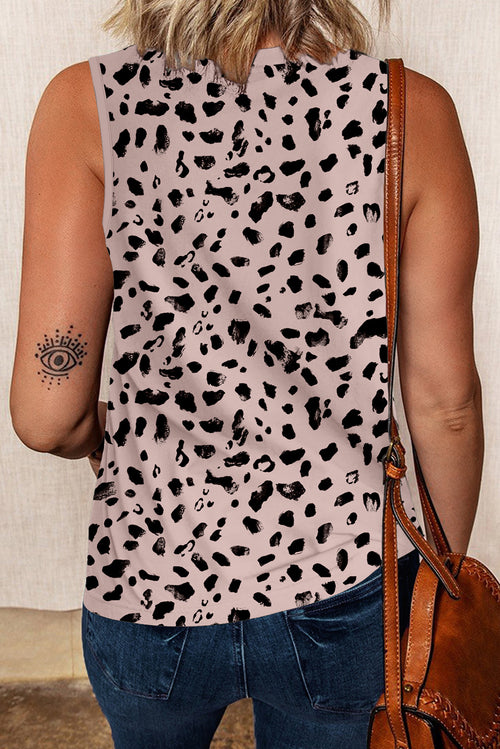 Apricot Allover Leopard Print Round Neck Tank Top - The Fair Lady Shop