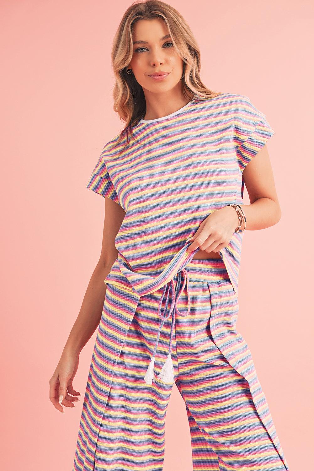 Yellow Stripe Rainbow Tee and Tassel Drawstring Wide Leg Pants Set - The Fair Lady Shop