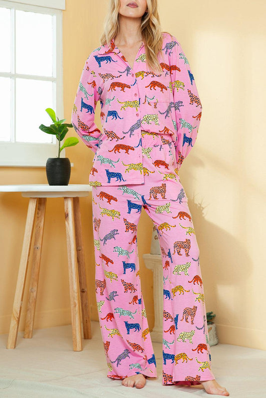 Pink Cheetah Print Shirt and Wide Leg Pants Pajama Set - The Fair Lady Shop