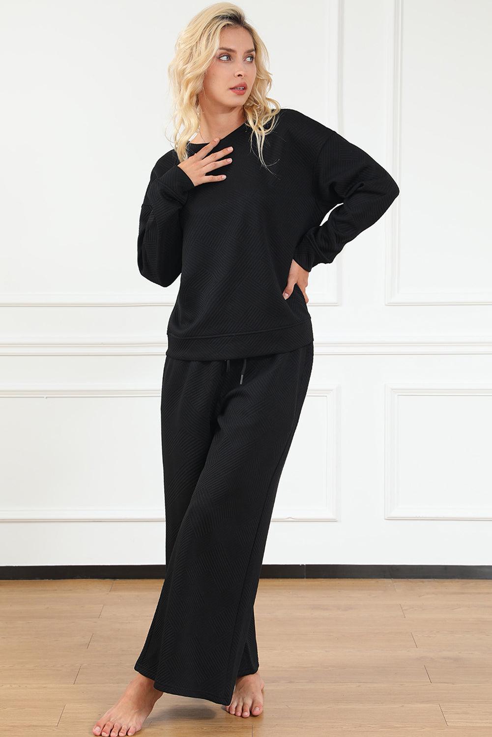 Dark Brown Textured Loose Slouchy Long Sleeve Top and Pants Set - The Fair Lady Shop