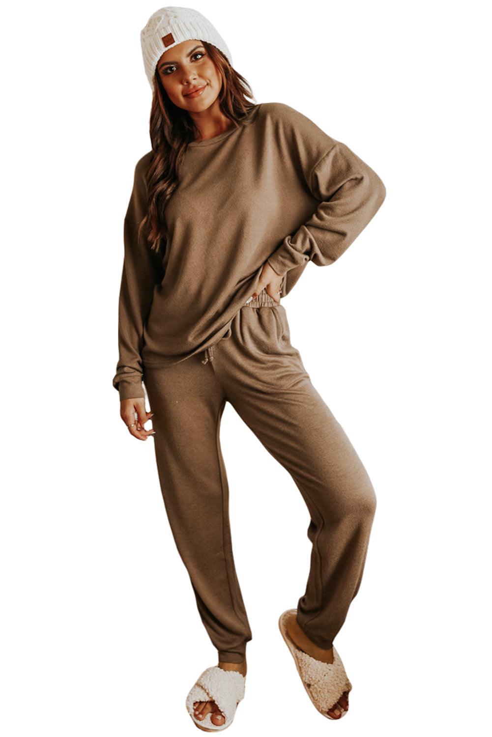 Khaki Long Sleeve Pullover & Jogger Pants Loungewear Set - The Fair Lady Shop