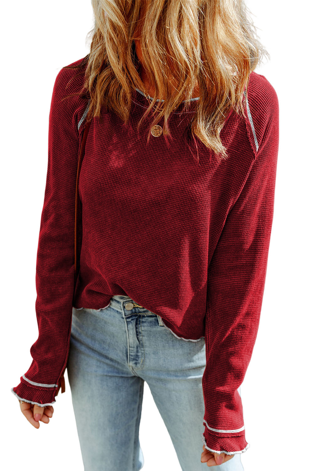 Red Exposed Seam Textured Pullover Long Sleeve Top - The Fair Lady Shop