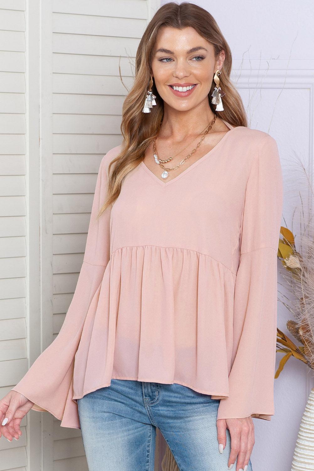 Pink Bell Sleeve Top V Neck Tie Back Peplum Blouse - The Fair Lady Shop