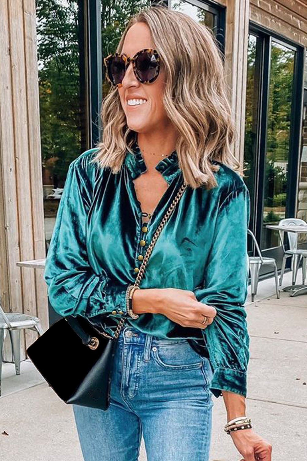 Green Frilled Neck Buttoned Front Velvet Top - The Fair Lady Shop