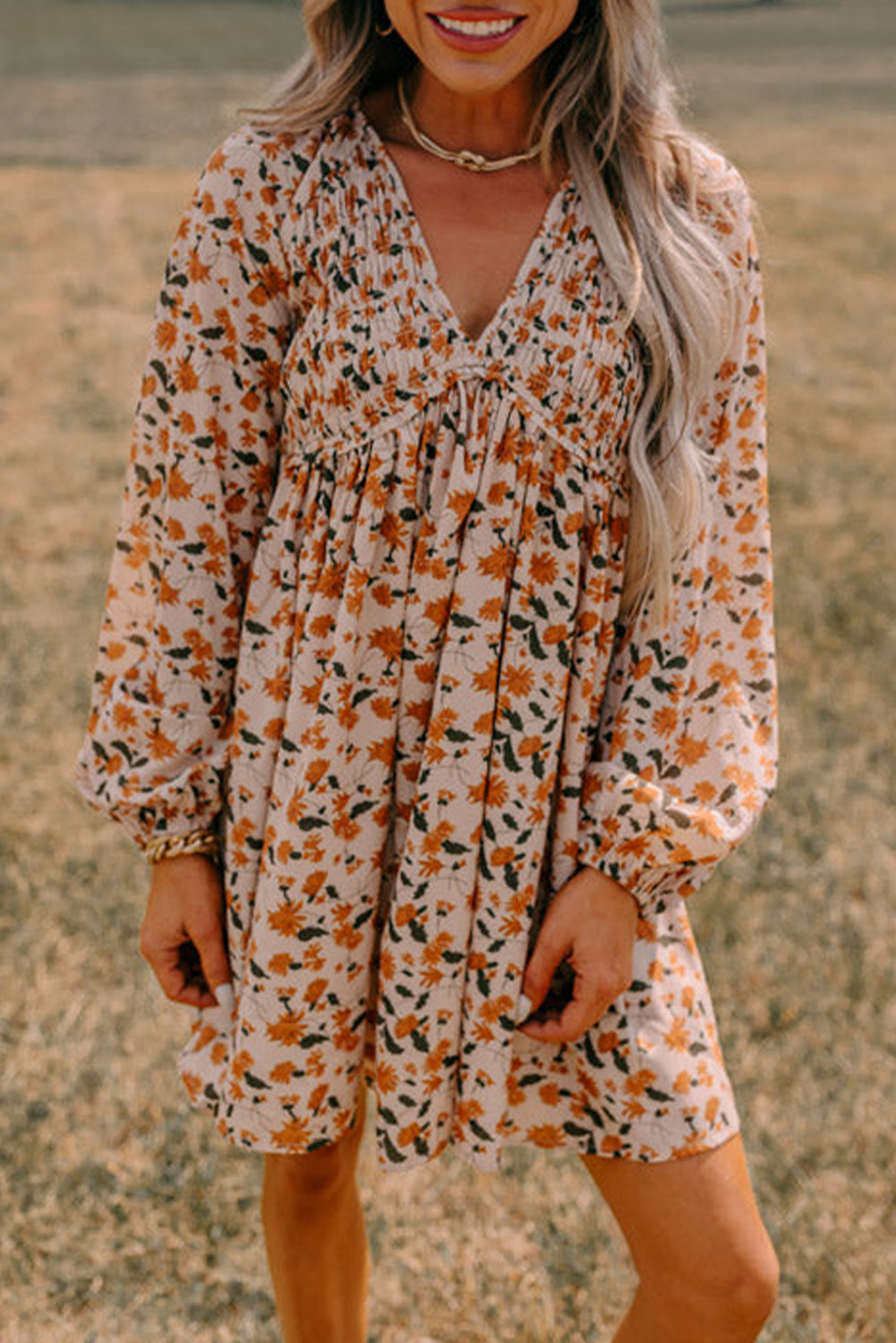 Beige Floral Smocked V Neck Bubble Sleeve Babydoll Dress - The Fair Lady Shop