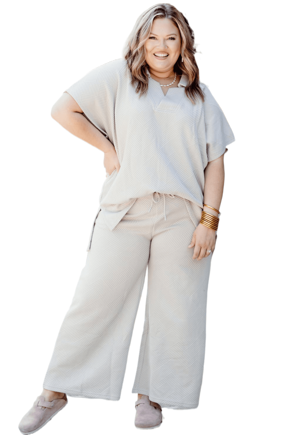 Beige Plus Size Textured Collared Top and Drawstring Pants Set - The Fair Lady Shop