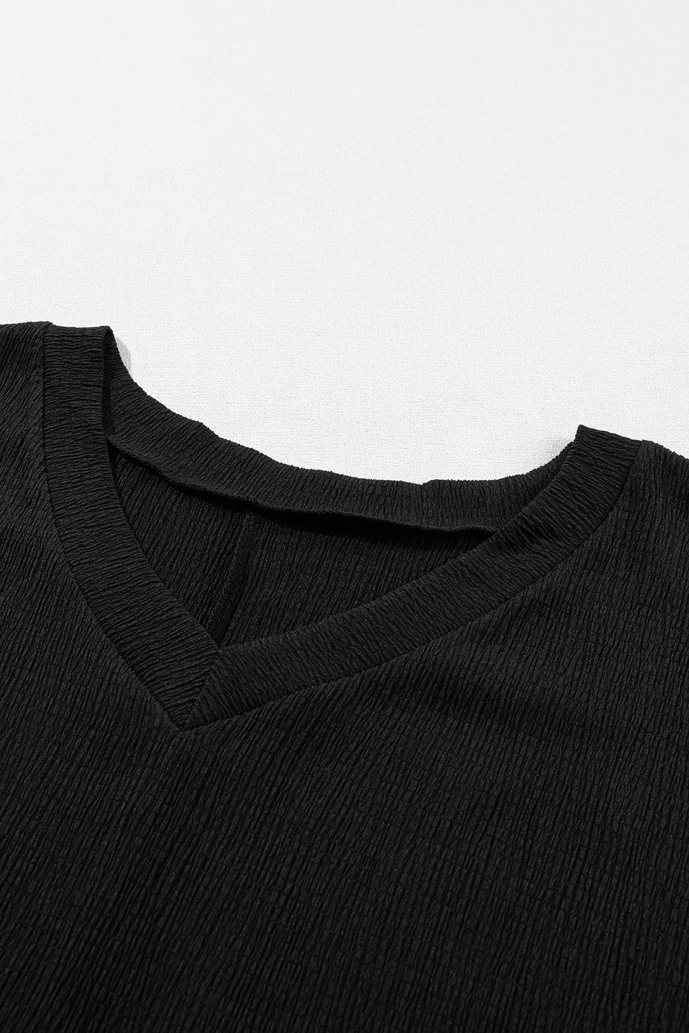 Blue Plain Crinkled V Neck Flounce Sleeve T Shirt - The Fair Lady Shop