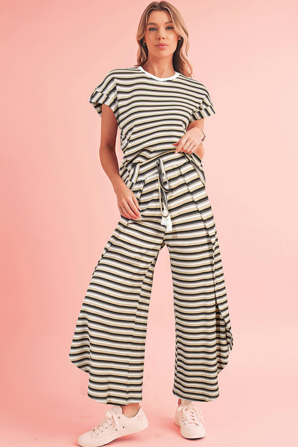 Yellow Stripe Rainbow Tee and Tassel Drawstring Wide Leg Pants Set - The Fair Lady Shop
