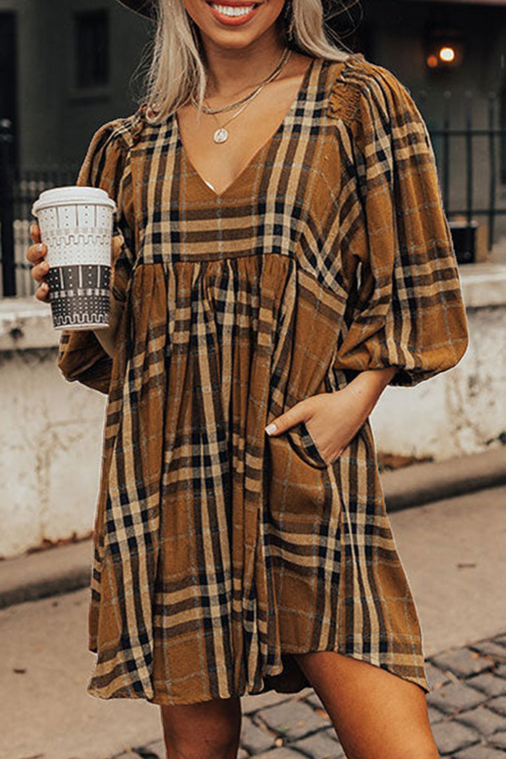 Brown Plaid Pattern Empire Waist Babydoll Dress - The Fair Lady Shop