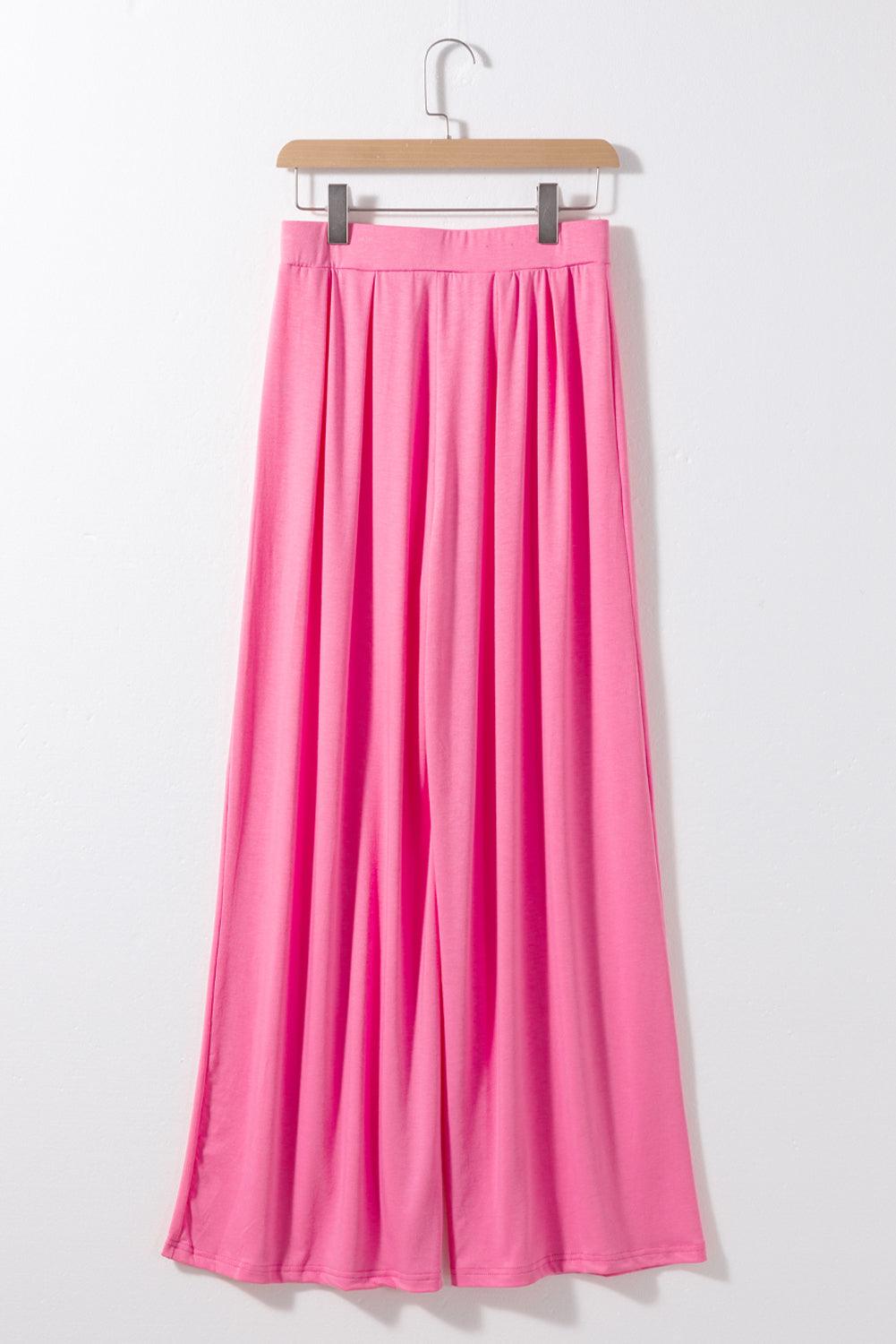 Strawberry Pink Plain Slim Fit Crop Top And Wide Leg Pants Set - The Fair Lady Shop