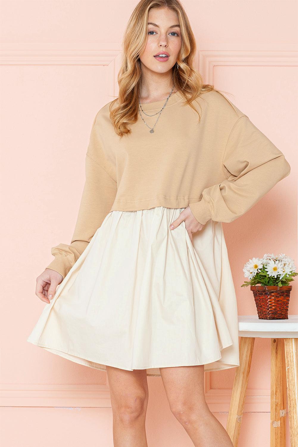 Khaki Sweatshirt Colorblock Flowy Pleated Mini Dress - The Fair Lady Shop