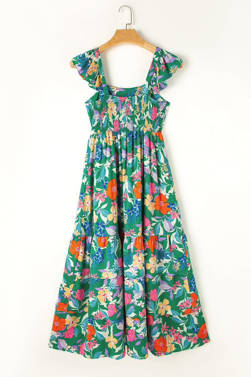 Pink Floral Print Sleeveless Ruffle Tiered Maxi Dress - The Fair Lady Shop