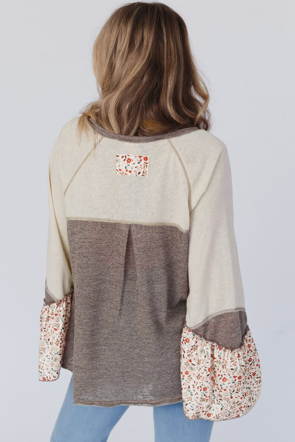 Goat Colorblock Floral Patchwork Flared Sleeve Henley Top - The Fair Lady Shop