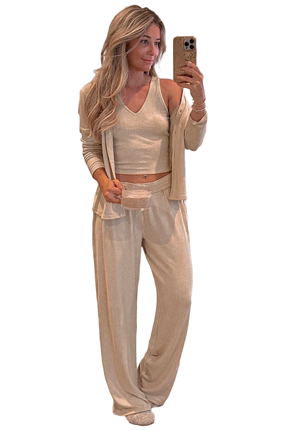 Oatmeal V Neck Vest Button Up Cardigan and Pants 3pcs Pajama Set