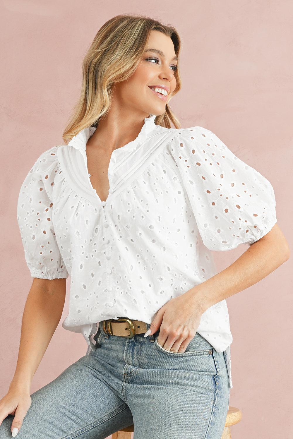Bonbon Hollow-out Flower Embroidered Short Puff Sleeve Blouse - The Fair Lady Shop