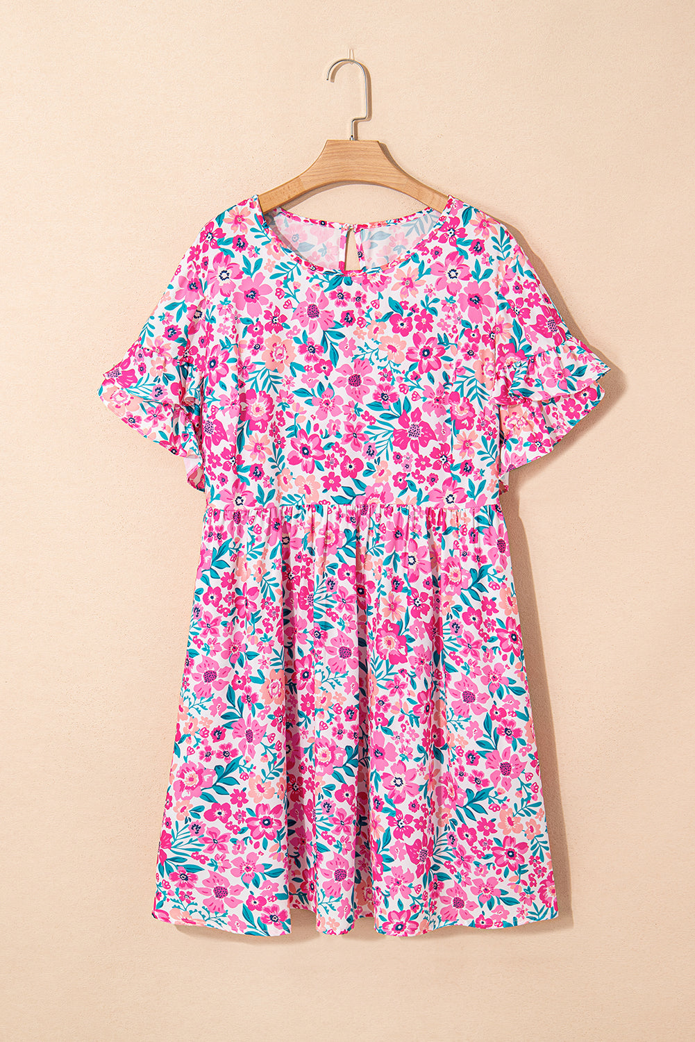 White Plus Size Floral Print Ruffle Short Sleeve Flare Dress - The Fair Lady Shop