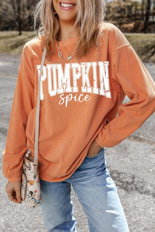 Orange Crinkle Ribbed PUMPKIN Spice Graphic Crewneck Sweatshirt - The Fair Lady Shop