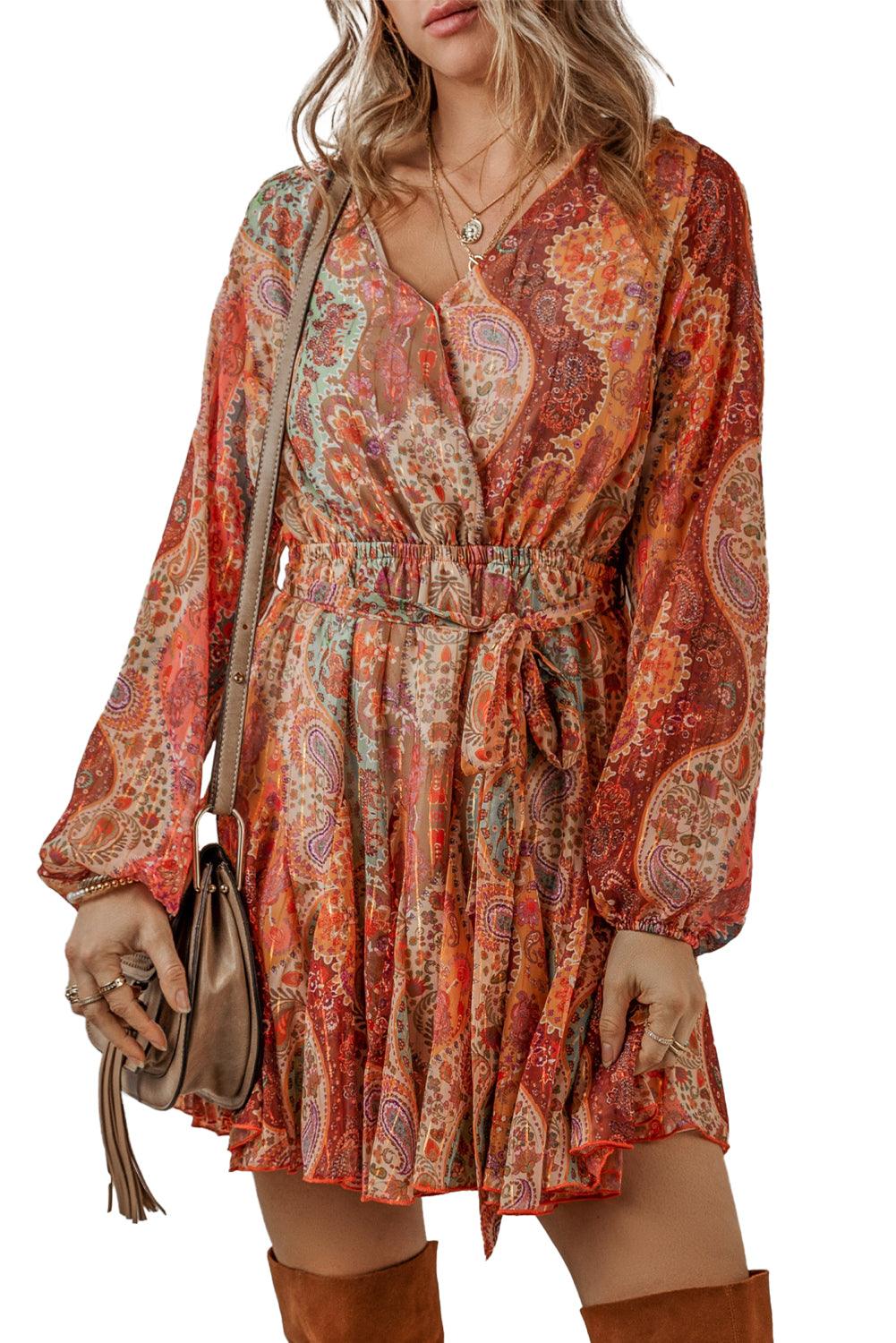 Orange Boho Paisley Print Long Sleeve Pleated Belted Mini Dress - The Fair Lady Shop