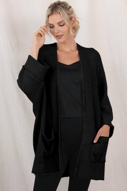 Black Batwing Sleeve Pocket Oversized Cable Knit Cardigan - The Fair Lady Shop