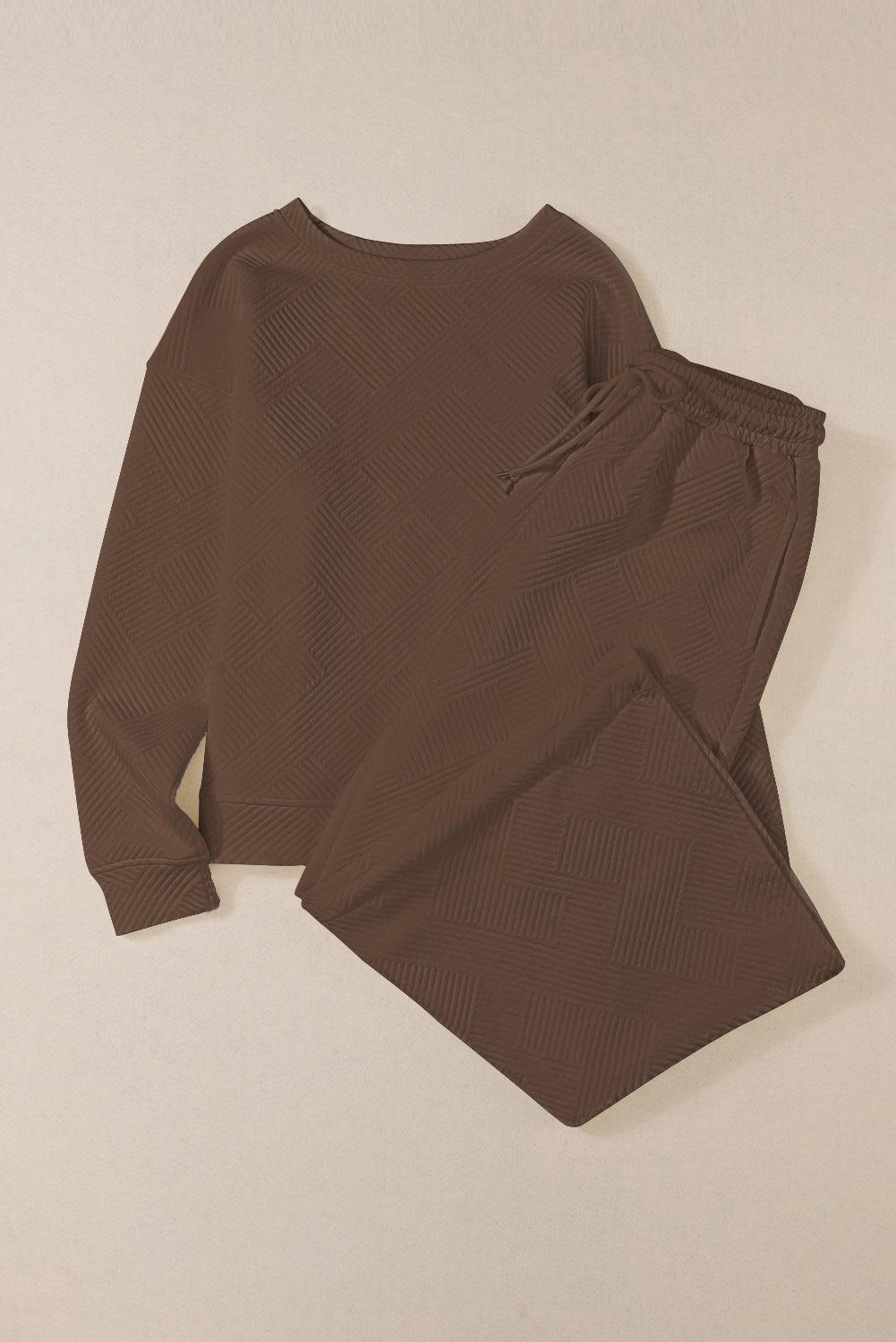 Dark Brown Textured Loose Slouchy Long Sleeve Top and Pants Set - The Fair Lady Shop