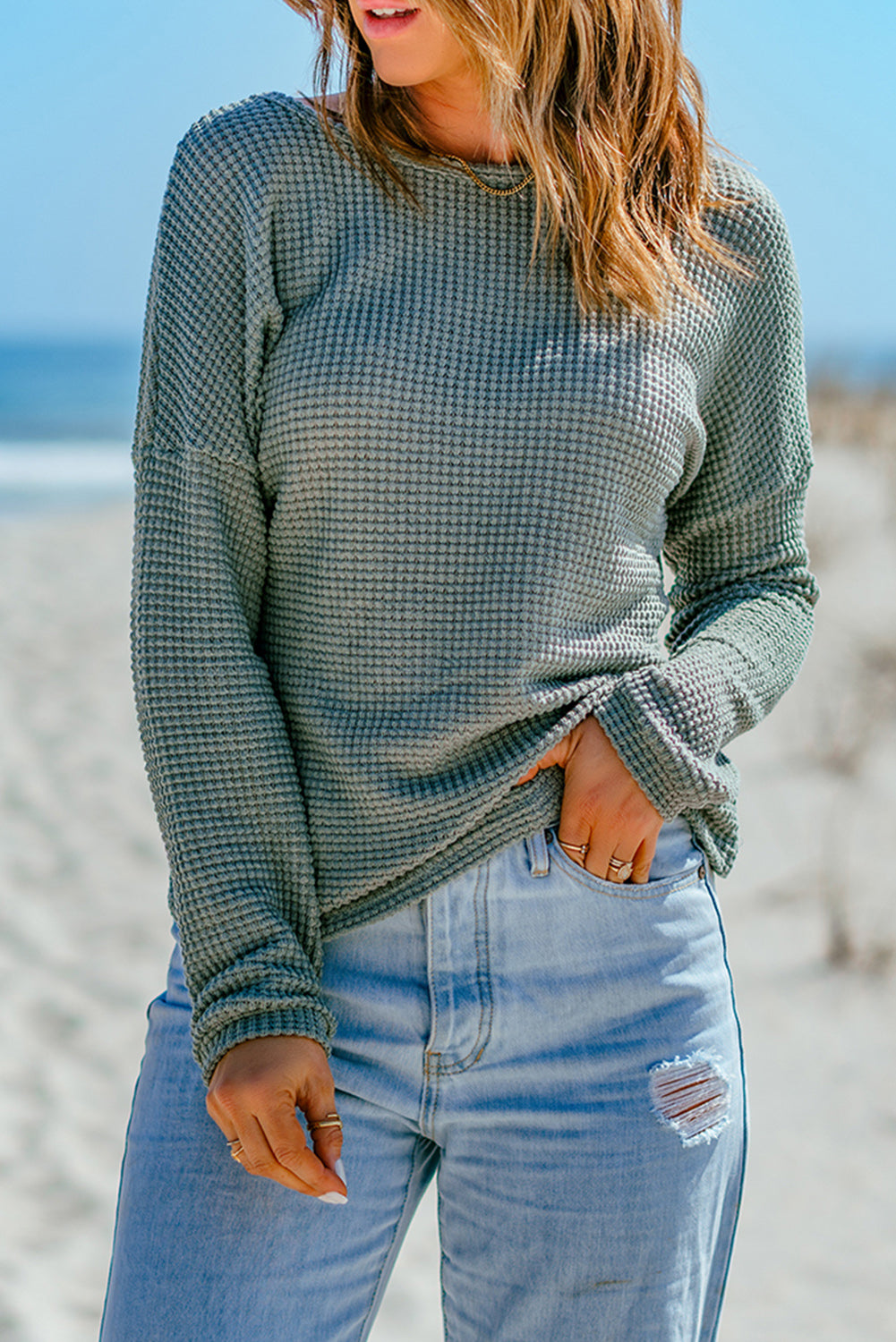 Green Waffle Knit Drop Shoulder Long Sleeve Top - The Fair Lady Shop