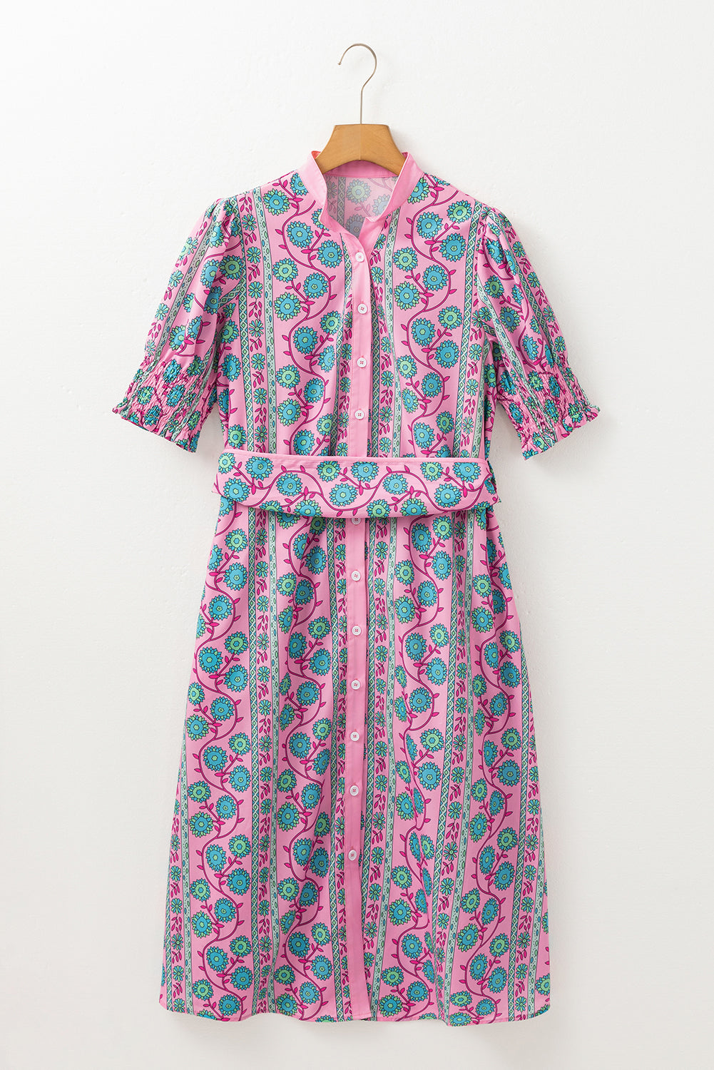 Pink Boho Floral Shirred Short Sleeve Belted Dress - The Fair Lady Shop