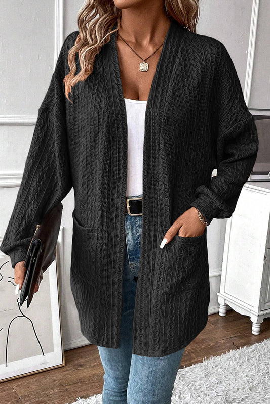 Black Textured Knit Side Pockets Open Front Cardigan - The Fair Lady Shop