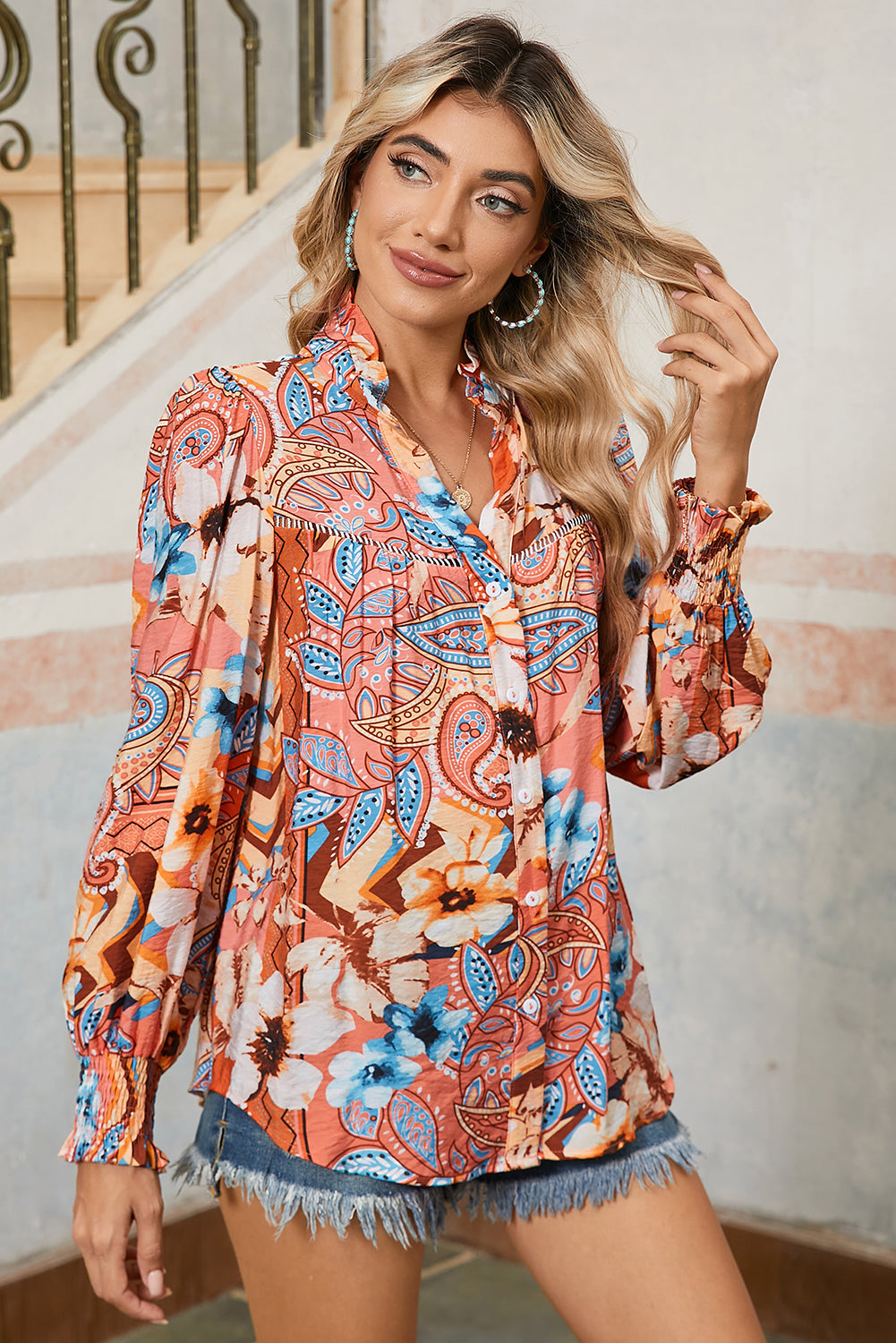 Orange Floral Print Shirred Cuff Buttoned Loose Fit Shirt - The Fair Lady Shop