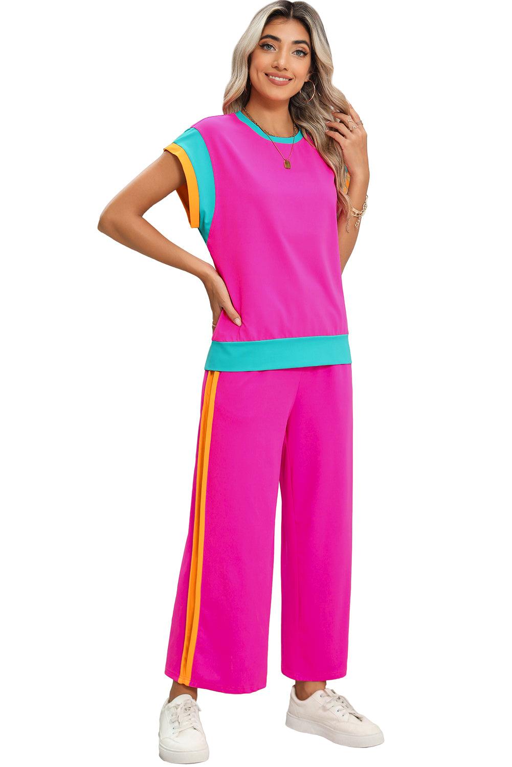 Chestnut Colorblock Cap Sleeve Tee and Wide Leg Pants Set - The Fair Lady Shop