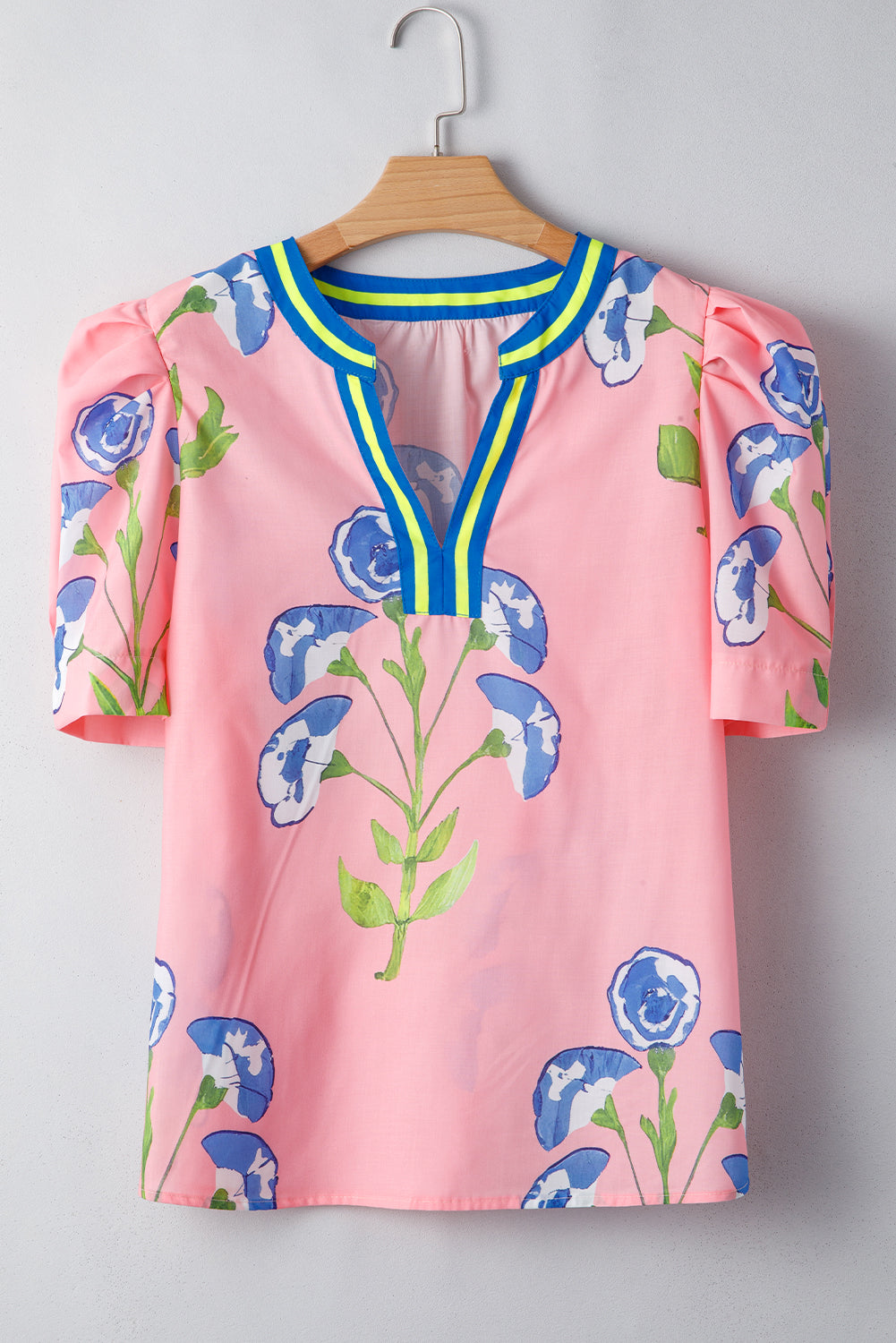 Pink Puff Sleeve Floral Pop of Color Neckline Blouse - The Fair Lady Shop