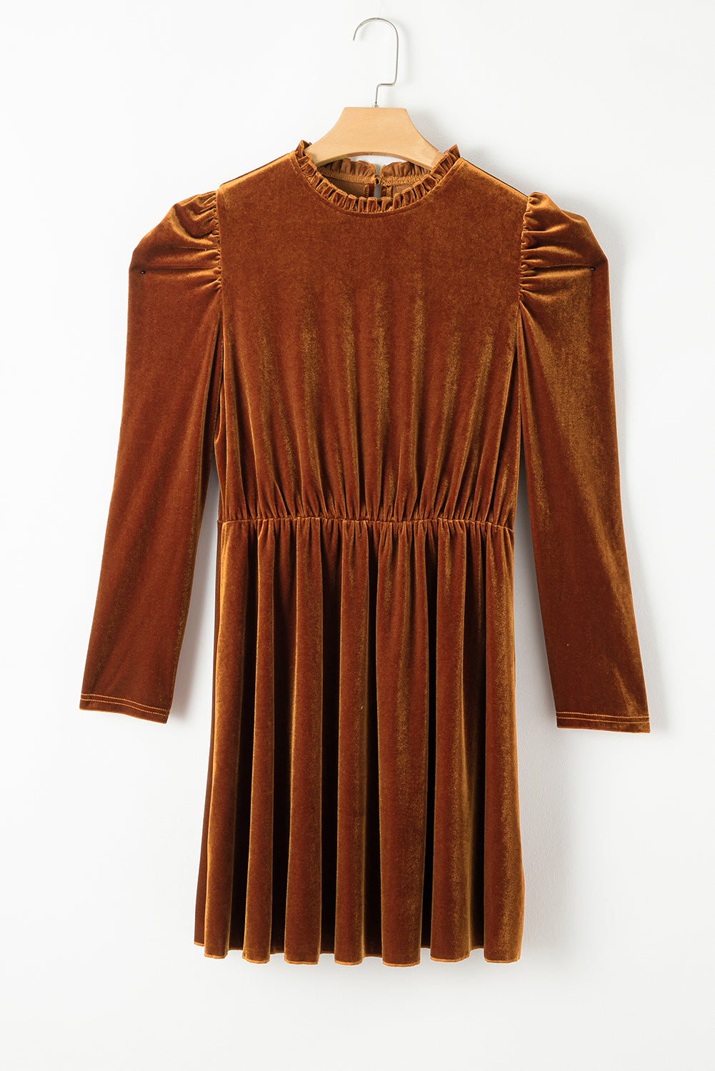 Chestnut Velvet Frilled Neck Gigot Sleeve Swing Dress - The Fair Lady Shop