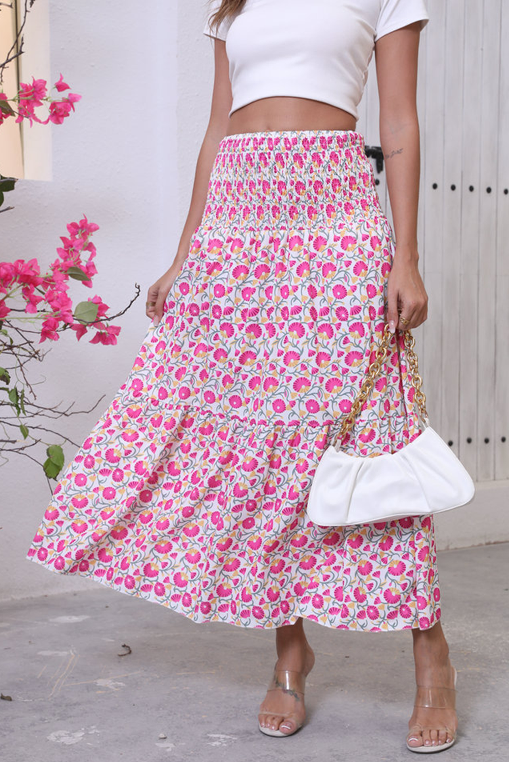 Pink Boho Floral Print Shirred Large Swing Skirt - The Fair Lady Shop